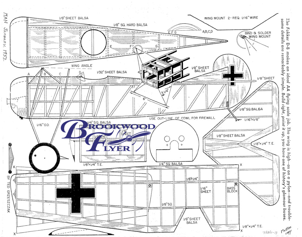 FOKKER D-VIII PLAN & CONSTRUCTION ARTICLE for Scale Free Flight Model Airplane