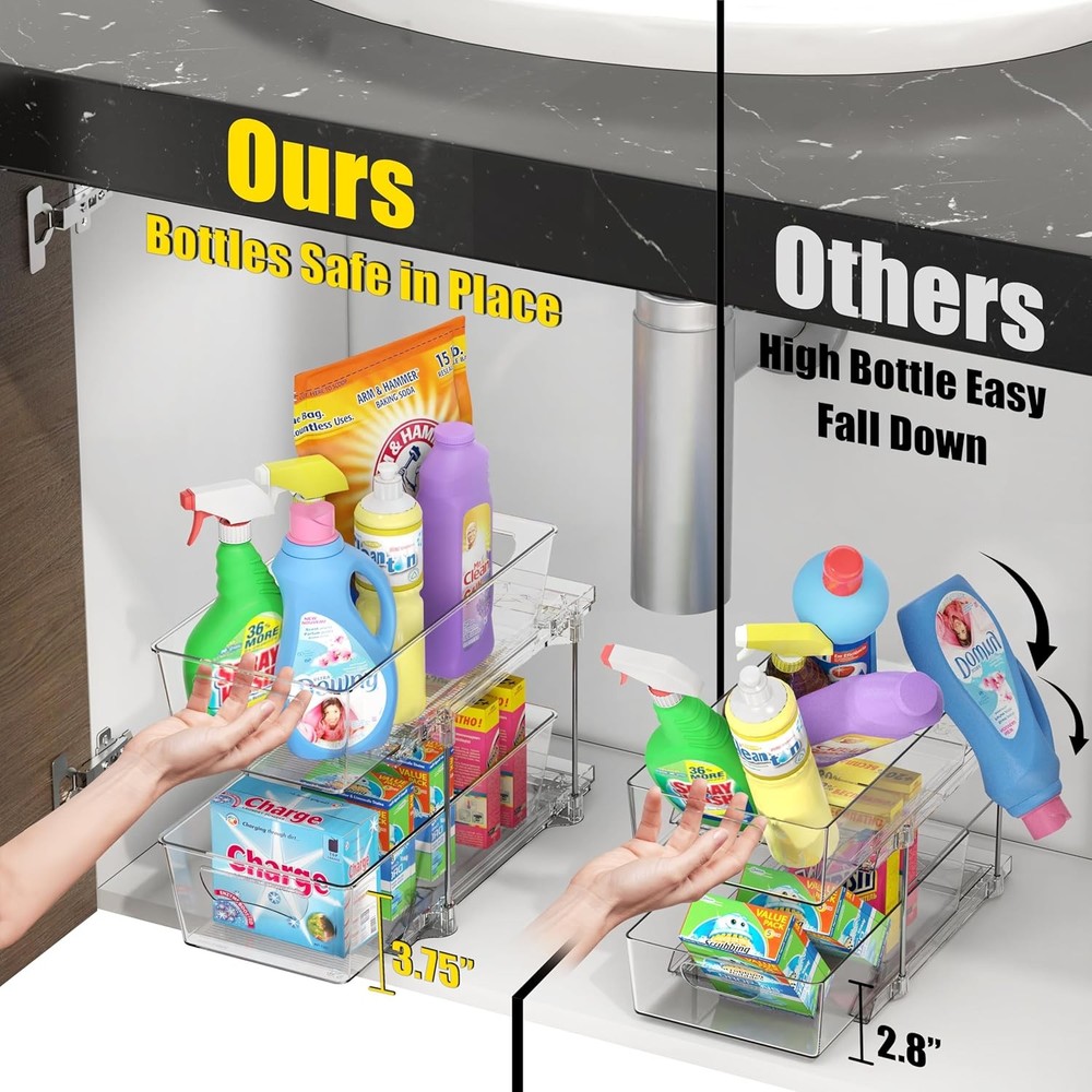 2 Tier Basket Drawer Cabinet Pull-Out Organizer 2 Pack Clear