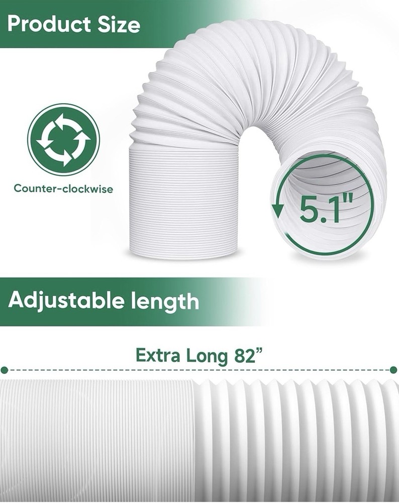 Air Hose Portable AC Kit: 5.1" Diameter, Anti-Clockwise Thread, Length to 82"