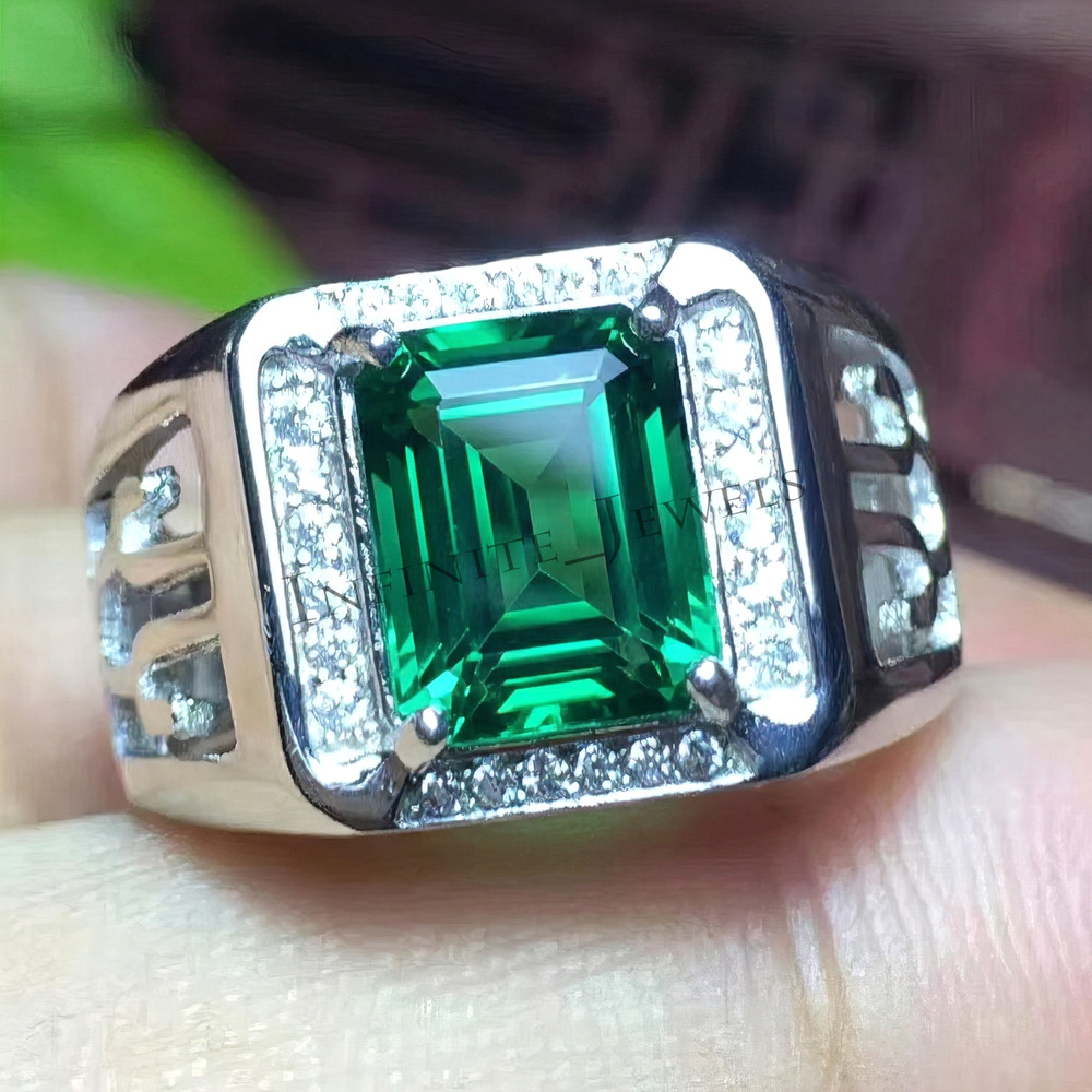 Green Emerald Stone Men Silver Ring, 925 Sterling Silver Emerald Gemstone Ring