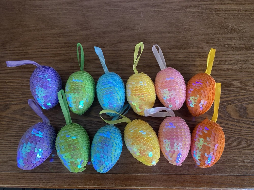 12 BRIGHT SEQUIN EASTER ORNAMENTS 2-1/2"