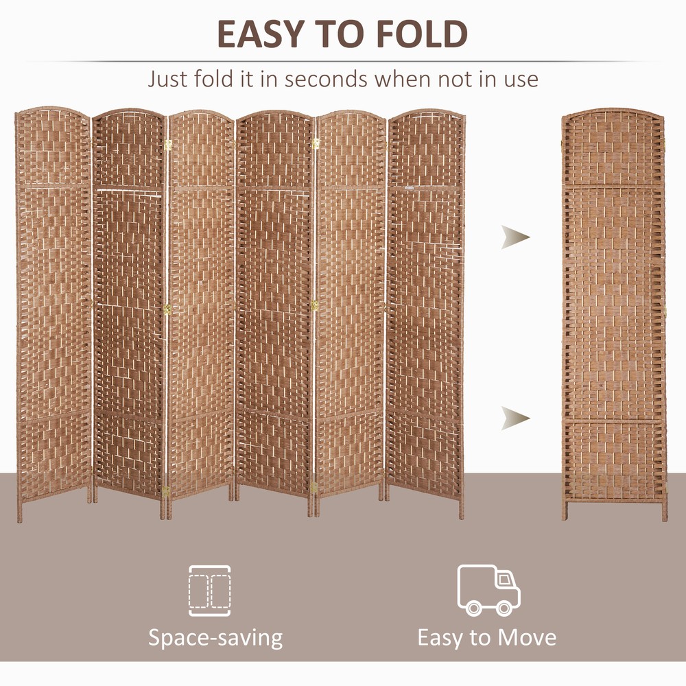 6 Panel Wicker Weave Room Divider, 6' Tall Folding Space Separator w/Wood Frame