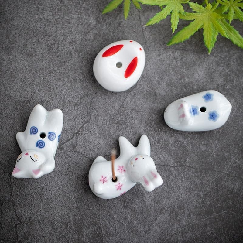 Cute White Rabbit & Cat Ceramic Incense Holders - 4Pc Set for Tranquil Spaces