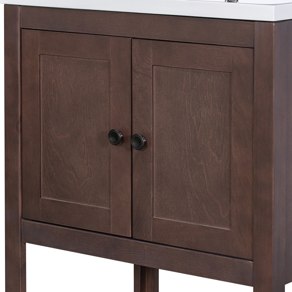 Bathroom vanity W solid wood frame Features open shelving Includes ceramic sink