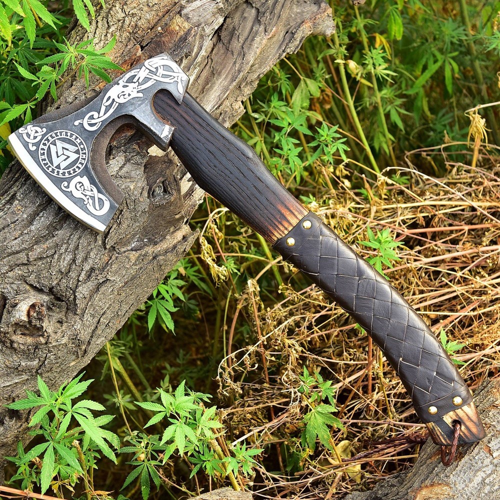 HANDMADE TOMAHAWK , HATCHET, AXE , INTEGRAL ENGRAVED HEAD LEATHER WRAP HANDLE