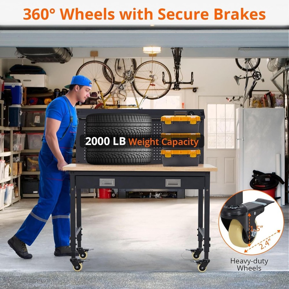 48" Adjustable Workbench 2000 LBS with Drawer Tool Storage Pegboard Workstation