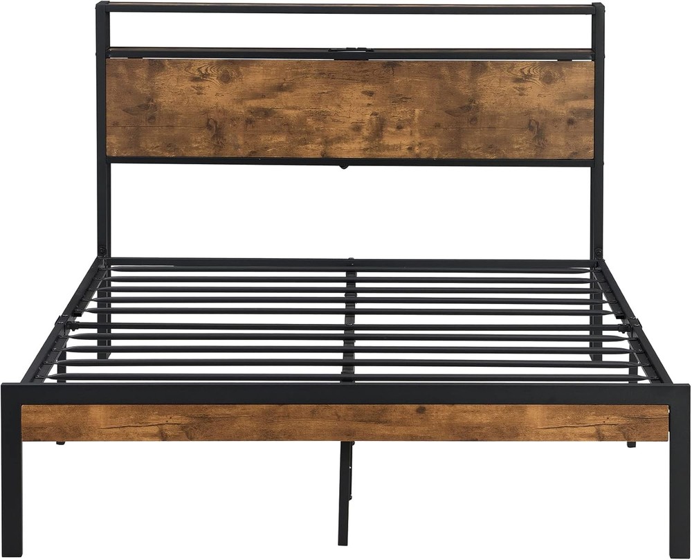 Full Size Metal Platform Bed Frame with Storage Headboard/USB Charging Station