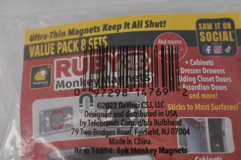 Ruby Monkey Magnets Cabinet & Drawer Magnets 8 Piece Set Easy Installation Set