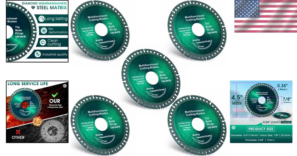 Diamond Cutting Discs Set for Angle Grinder 4.5 Inch 5 Pack Smooth Cutting