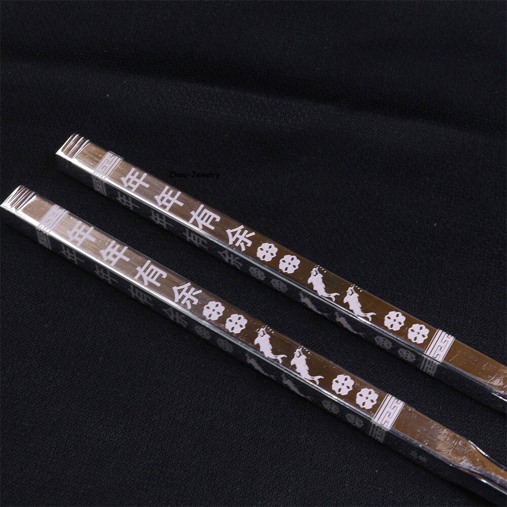 Solid S999 Fine Silver 999 Square Fish Figure Chopsticks Dinnerware 43-44g