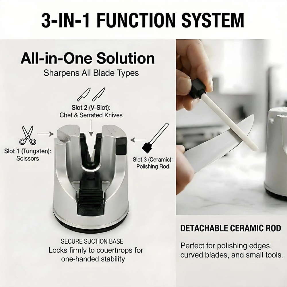 Knife Sharpener for Kitchen Knives, 3Stage Suction Cup Sharpening Tool for St...