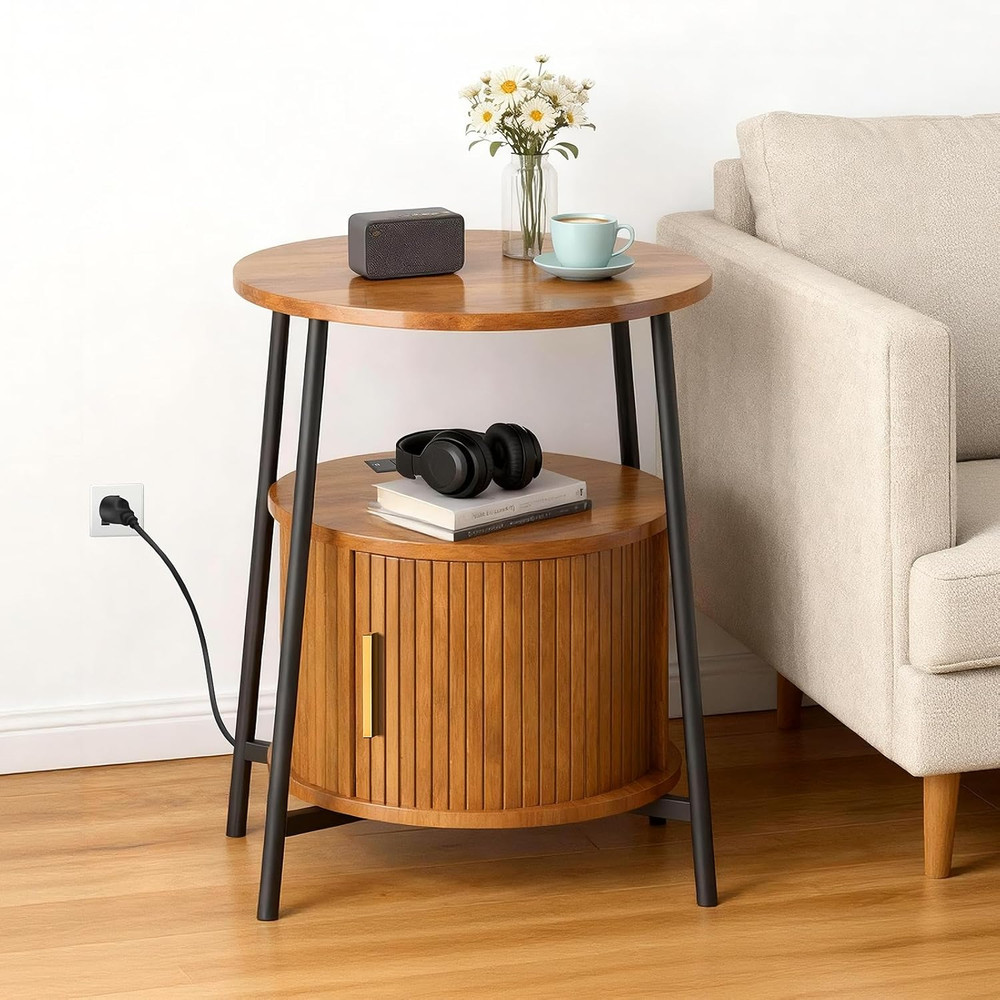 Mid-Century Modern Side Table with Storage & Charging Station, Yellow Walnut