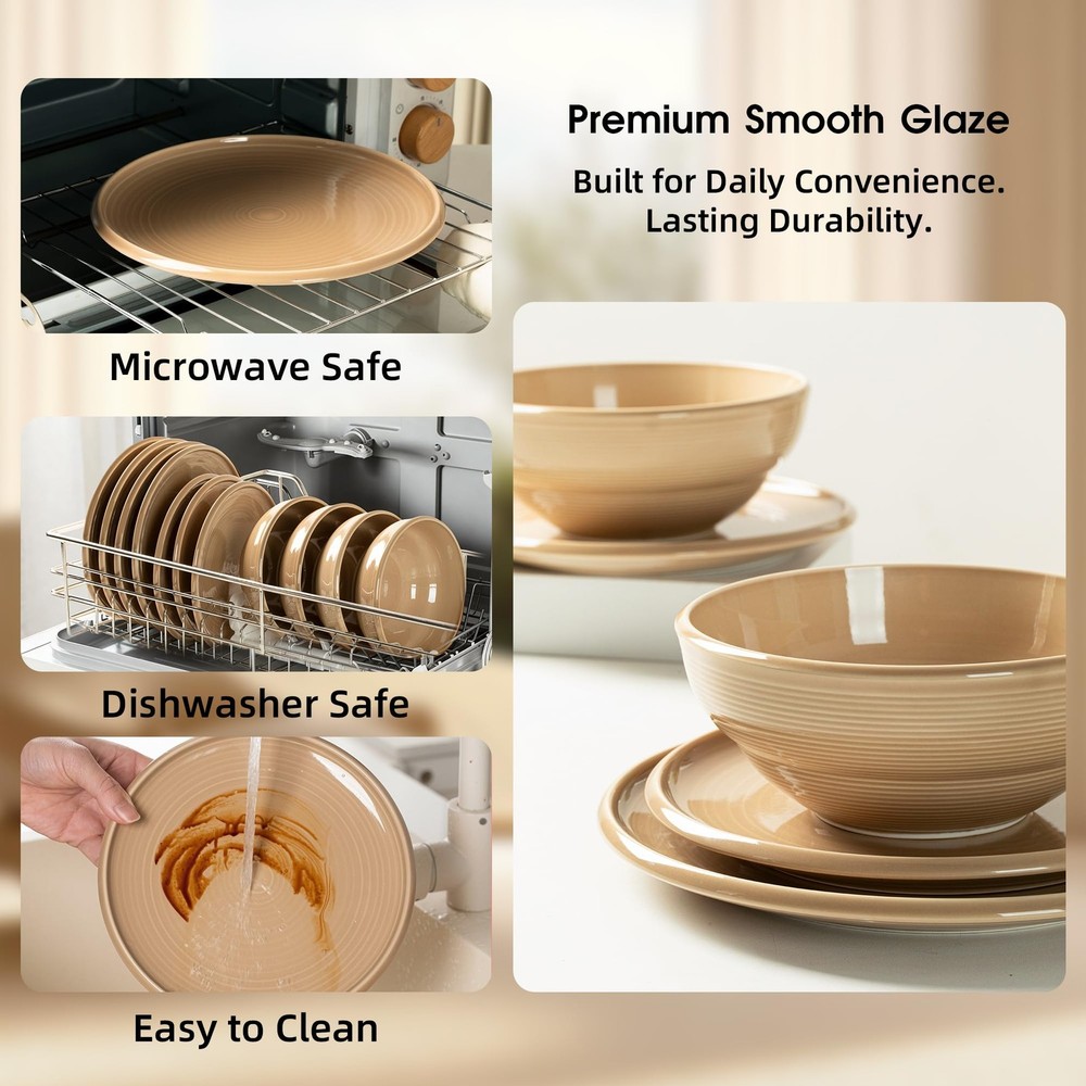 Dinnerware Sets for 4, 12 Piece Stoneware Plates and Bowls Sets, Concentric T...