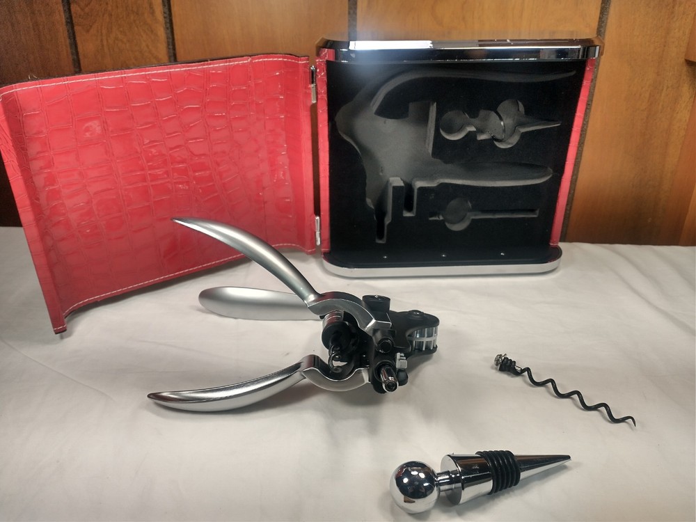 Deluxe Lever Action Corkscrew Wine Bottle Set Red Leatherette Case