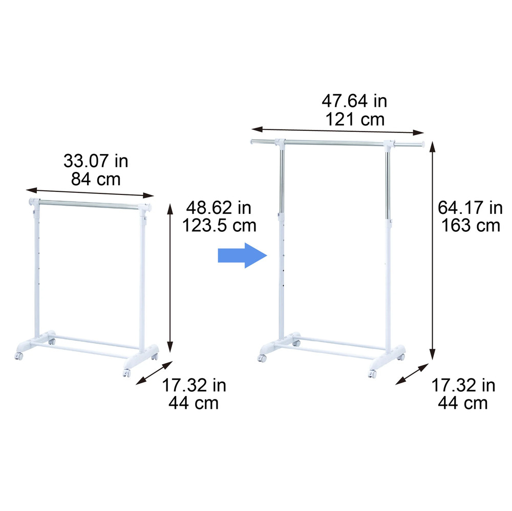 Adjustable Metal Rolling Garment Clothes Rack, Chrome & White