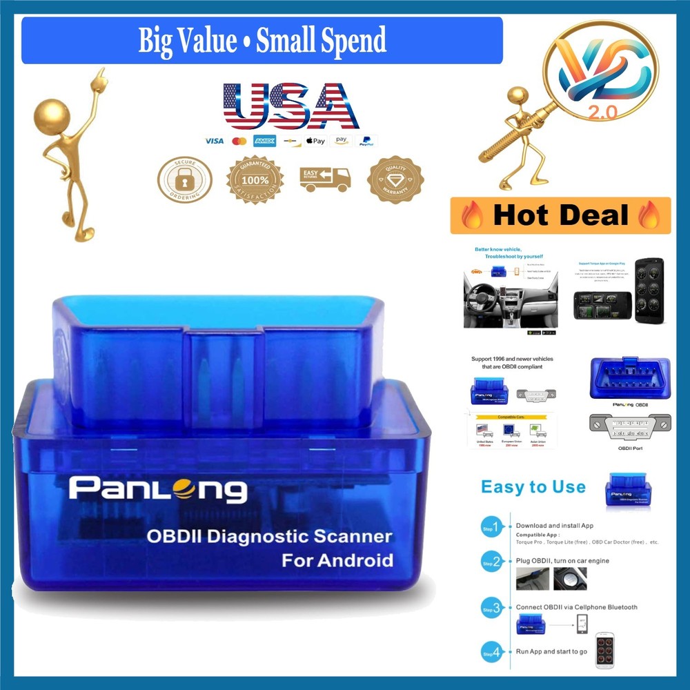 Panlong Bluetooth OBDII Car Code Reader for Android, Turn Off Check Engine Li...