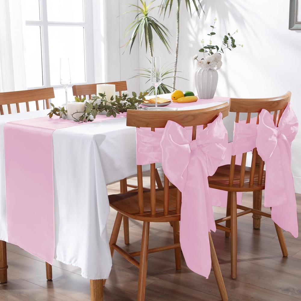 5 Pack Light Pink Satin Table Runner 12x108 Inch Bright Silk Smooth Fabric