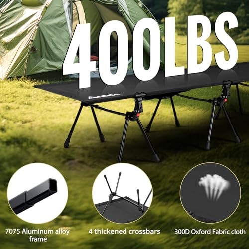 Height Adjustable Camping Cot with Storage Net & Bag, Support up to 400lbs