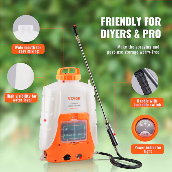 VEVOR 4Gal Battery Backpack Sprayer 12V Electric Adjustable Nozzle Weed