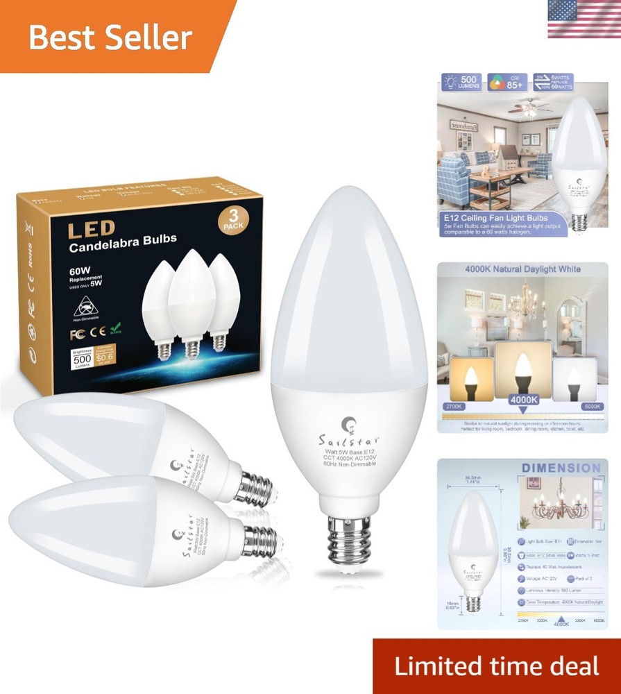 Dazzling 5W E12 LED Candelabra Bulbs - 60W Equivalent, 4000K Daylight, Pack of 3
