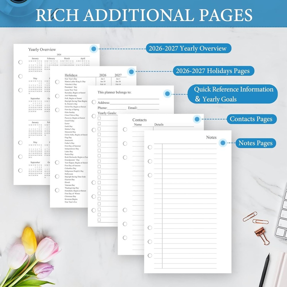 2026-2027 Monthly Planner Refill, A6 Small Size Planner Inserts for 6 Ring