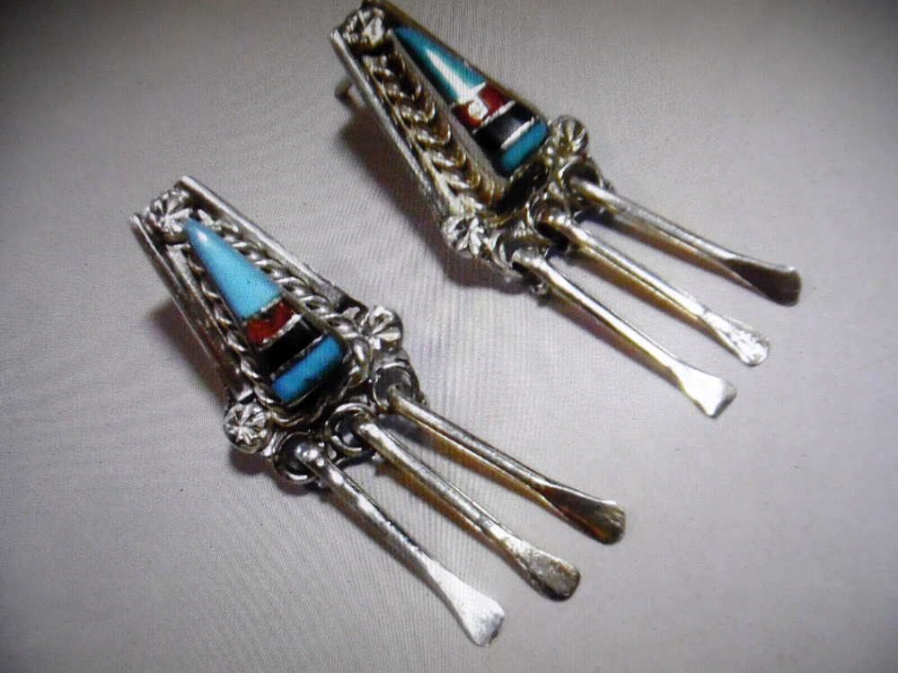 J-933 ZUNI STERLING SILVER MULTI-STONE POST DANGLE EARRINGS BY WILLIE GIA