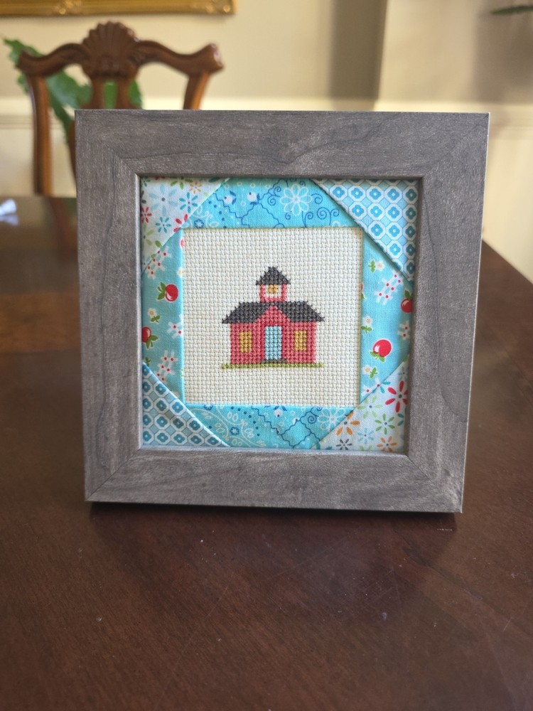 Completed Cross Stitch House School Church Framed Patchwork Matte