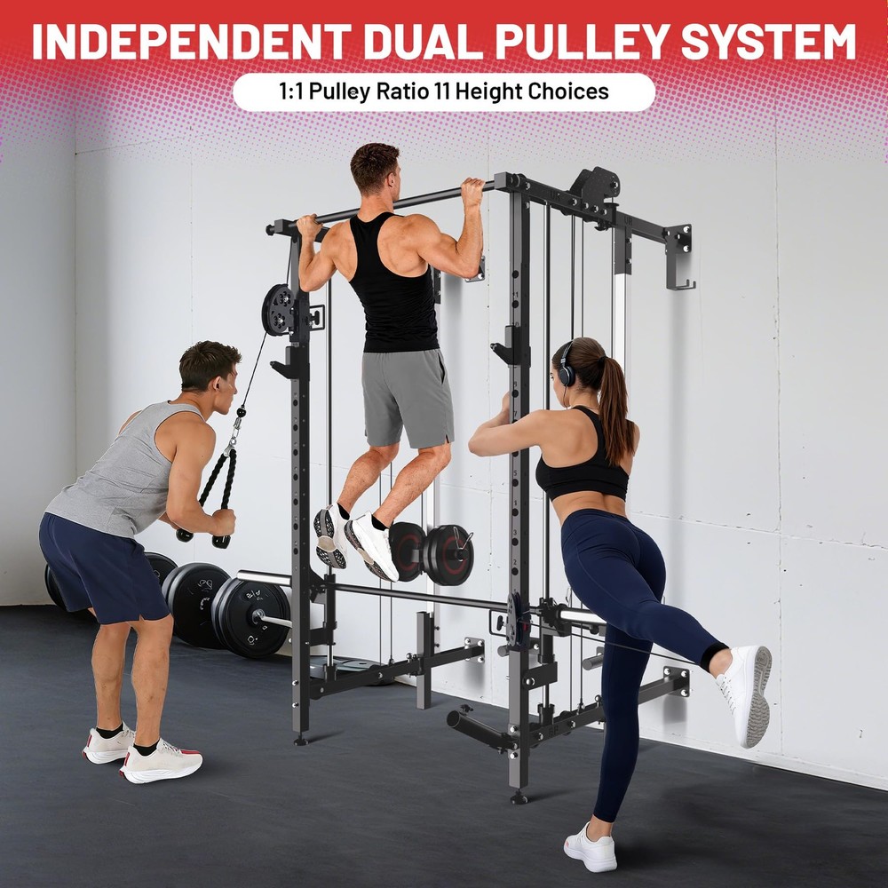 Garvee Folding Squat Rack Wall Mounted Power Rack W/ Pulley System & Pull Up Bar