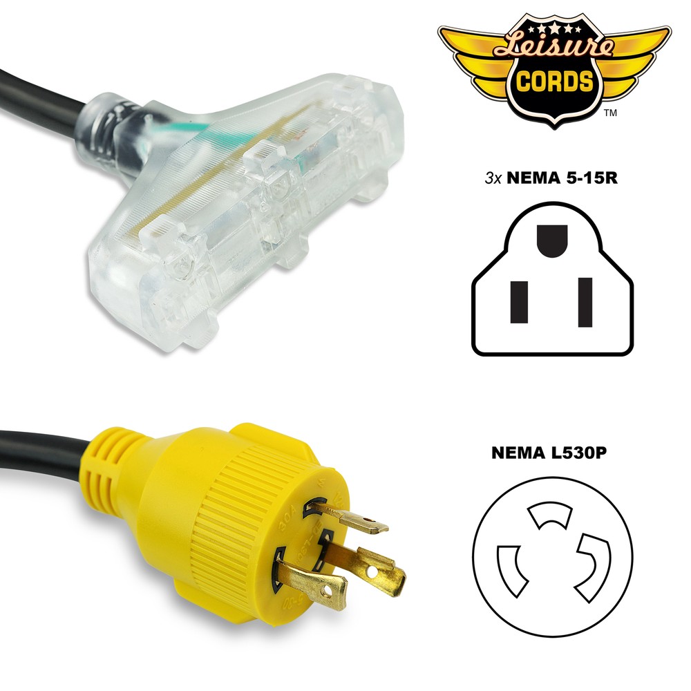 RV Generator Power Adapter 30AMP Male 3-Prong Plug to 3x 15 AMP Female 18IN cord