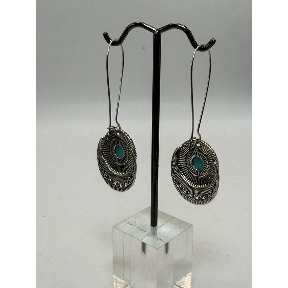 Boho Silver Tone Dangle Earrings Lot Turquoise Style & Geometric Pair