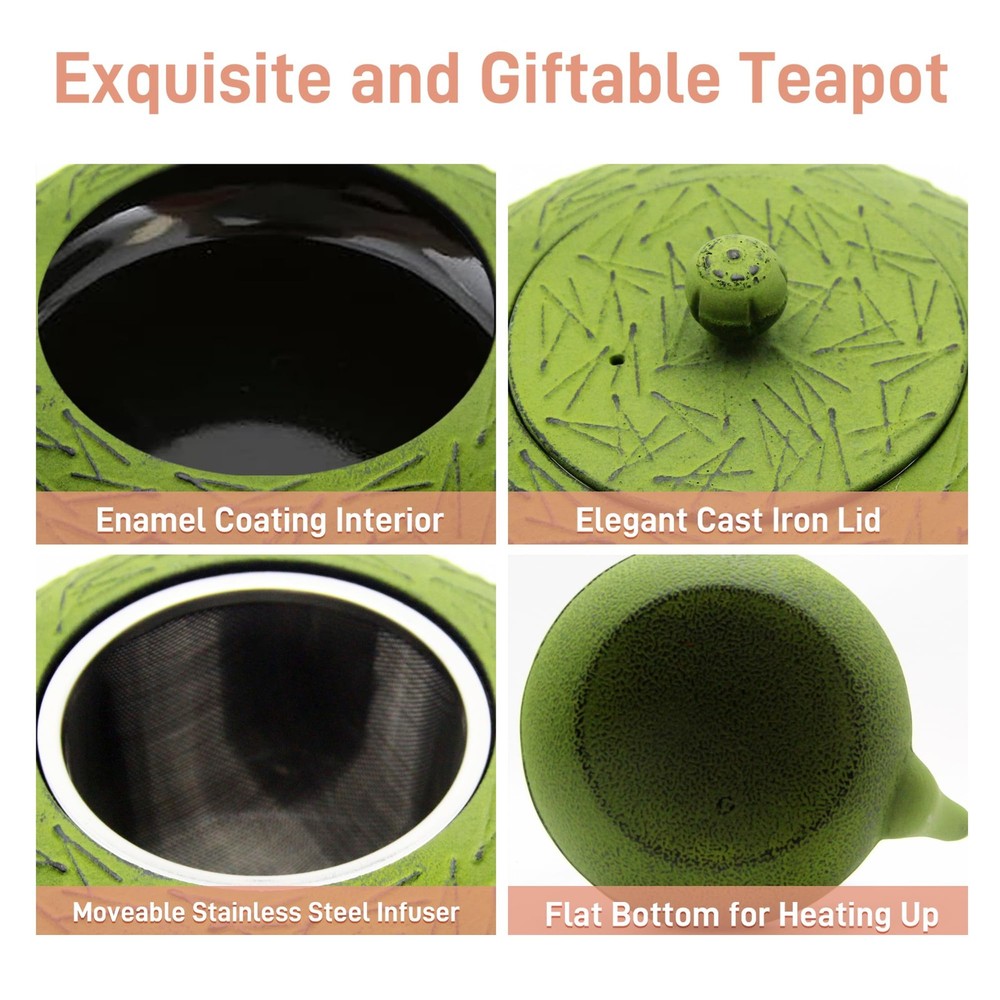 60.9oz Large Cast Iron Teapot, Big Tea Kettle for Stovetop Safe, Green Cast I...