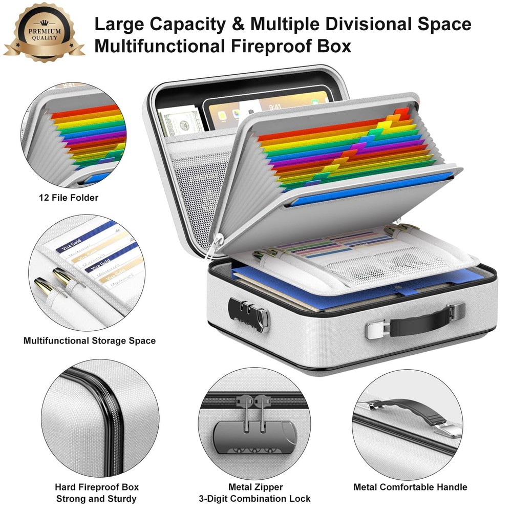 COLCASE Fireproof Document Box, Hard Case 15 x 11 x 5 inches, Gray