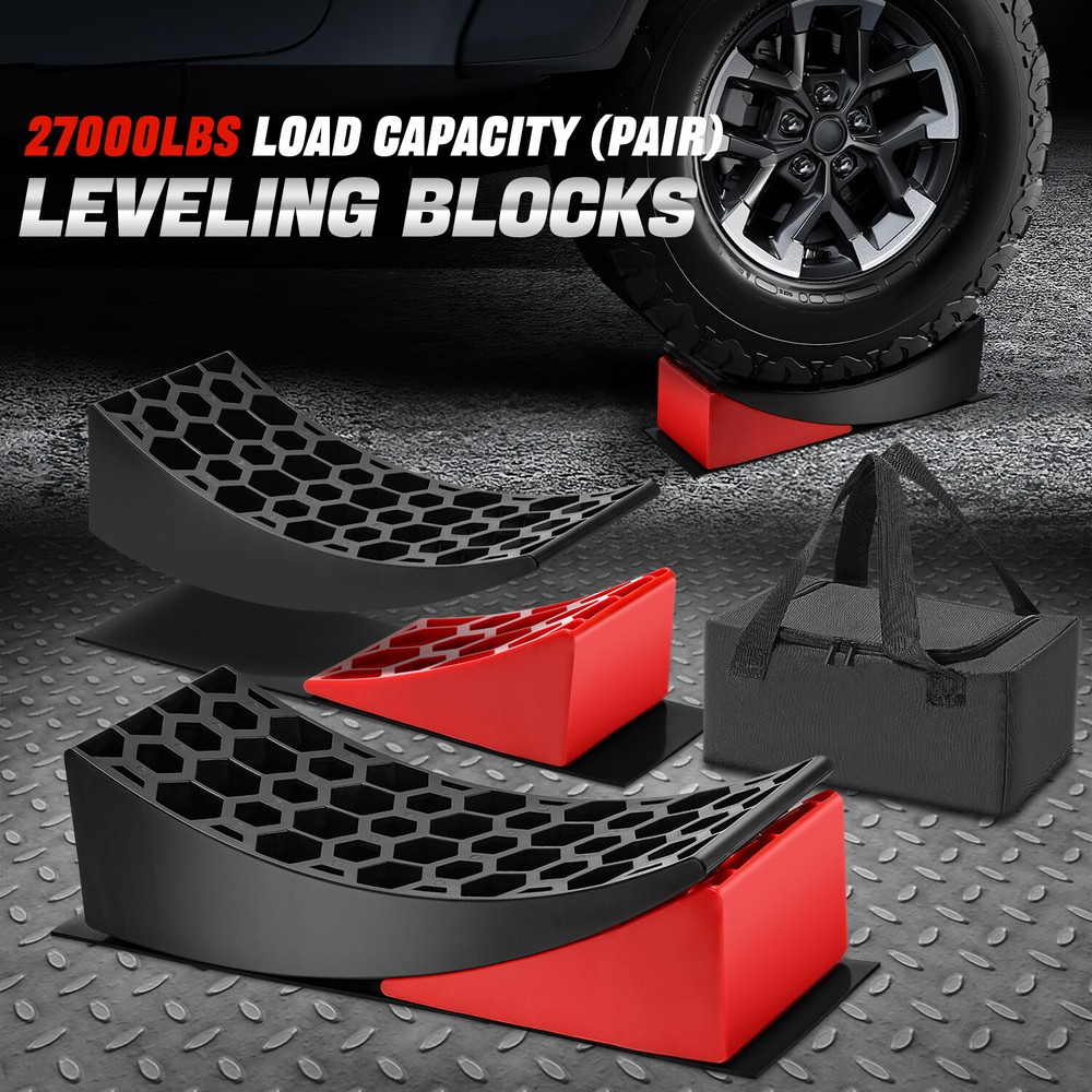 RV Camper Travel Trailer Red Leveling Block Ramps w/ 2 Mats & Chock & Carry Bag