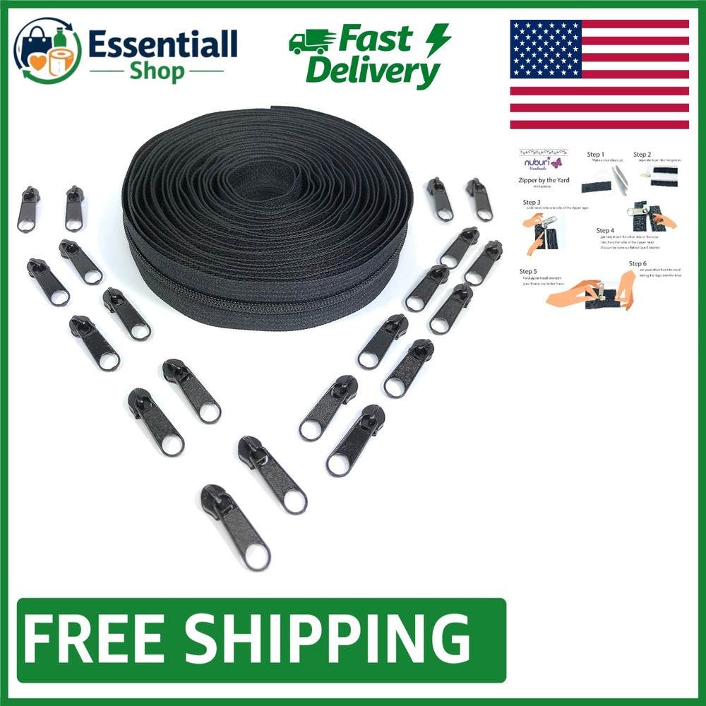 5 Yards Black Zipper Tape with 20 Pulls - Customizable for Sewing Projects