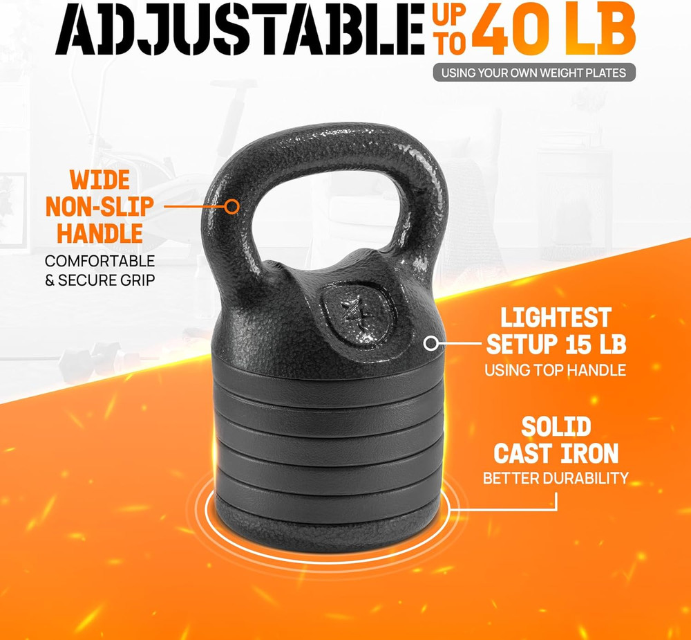 Adjustable Kettlebell Set, 20–40 LB Weight Set, Solid Cast Iron Handle with Spac