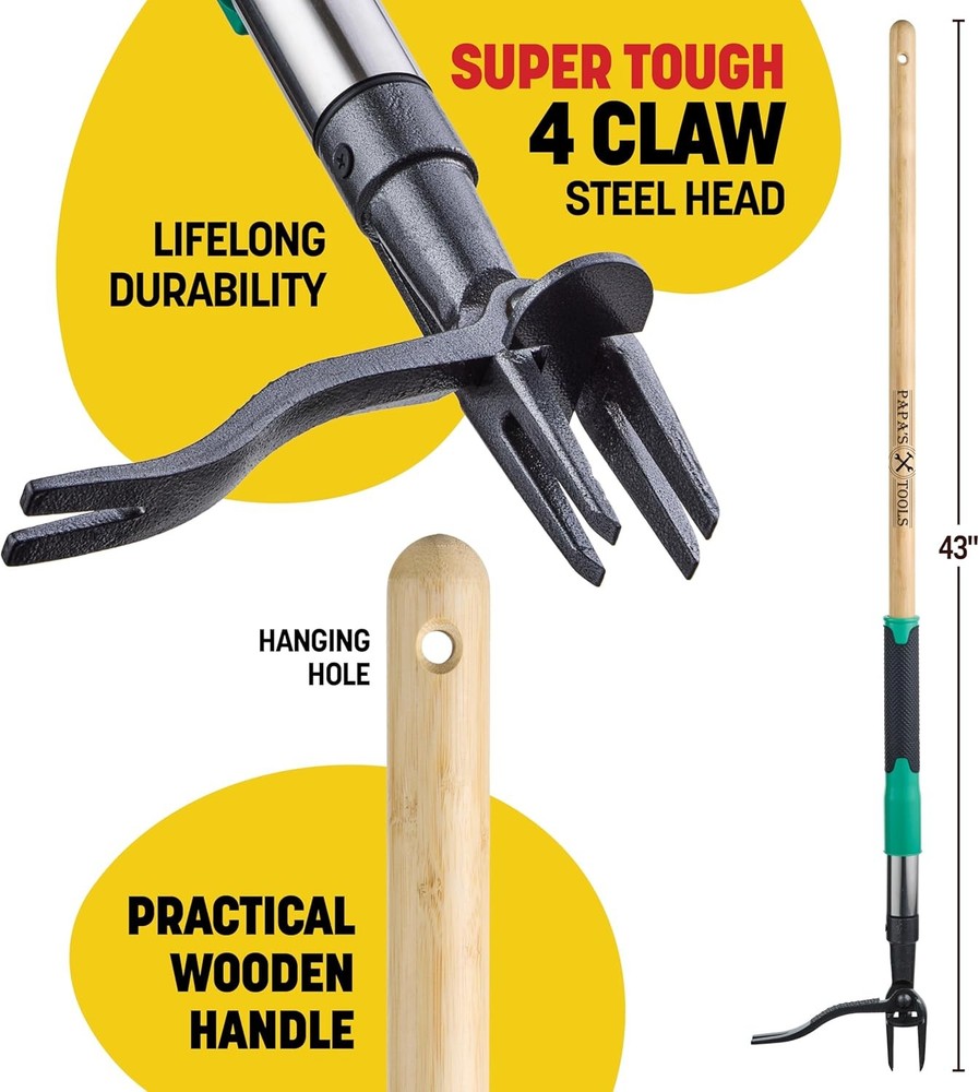 Stand Up Weed Puller 44" w/ 4 Claw Steel Head Long Bamboo Handle