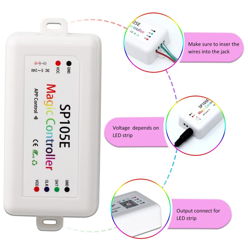 SP105E Led Controller, Wireless Bluetooth, 5V-24V DC Input - Control WS2812B
