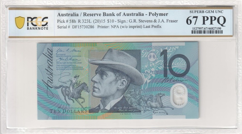 2015 $10 STEVENS & FRASER (DF15) LAST PREFIX CONSECUTIVE PAIR NOTES PCGS 66 & 67