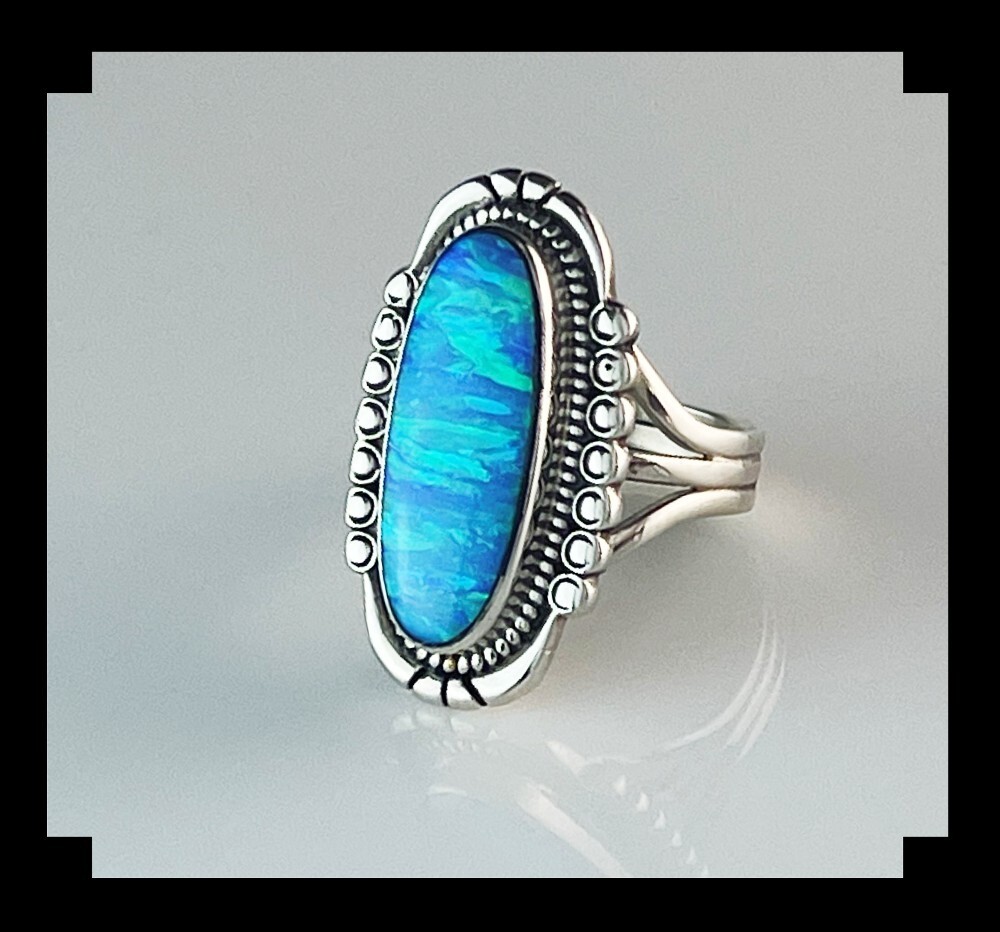 Handcrafted Sterling and Blue Opalite Ring Size 9