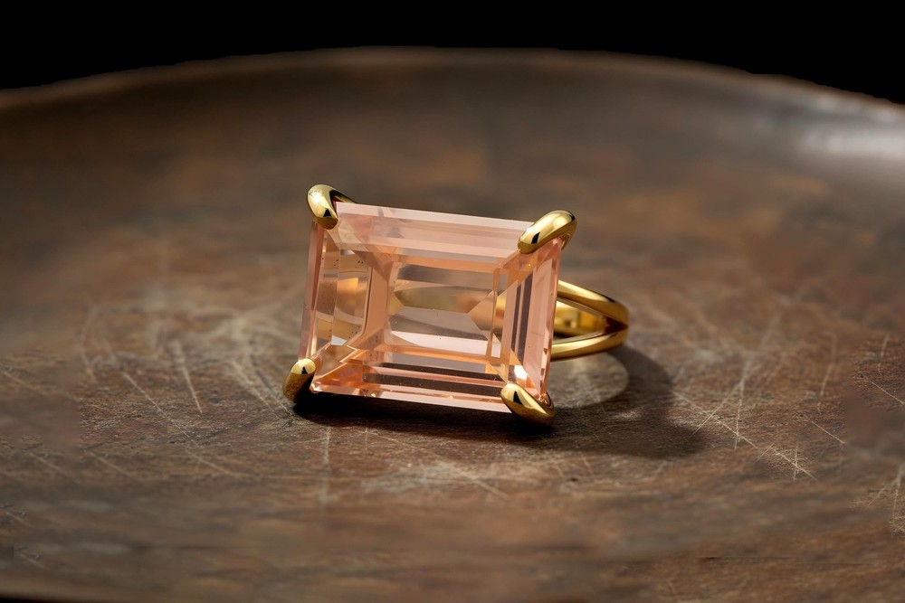 Morganite Ring Anemone 18k Peach Gold Emerald Cut Rectangular Stone