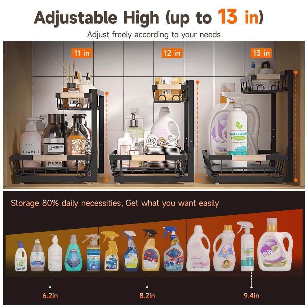 2 Packs Under Sink Organizer, Height Adjustable 2 Tier Under Kitchen Sink Org...
