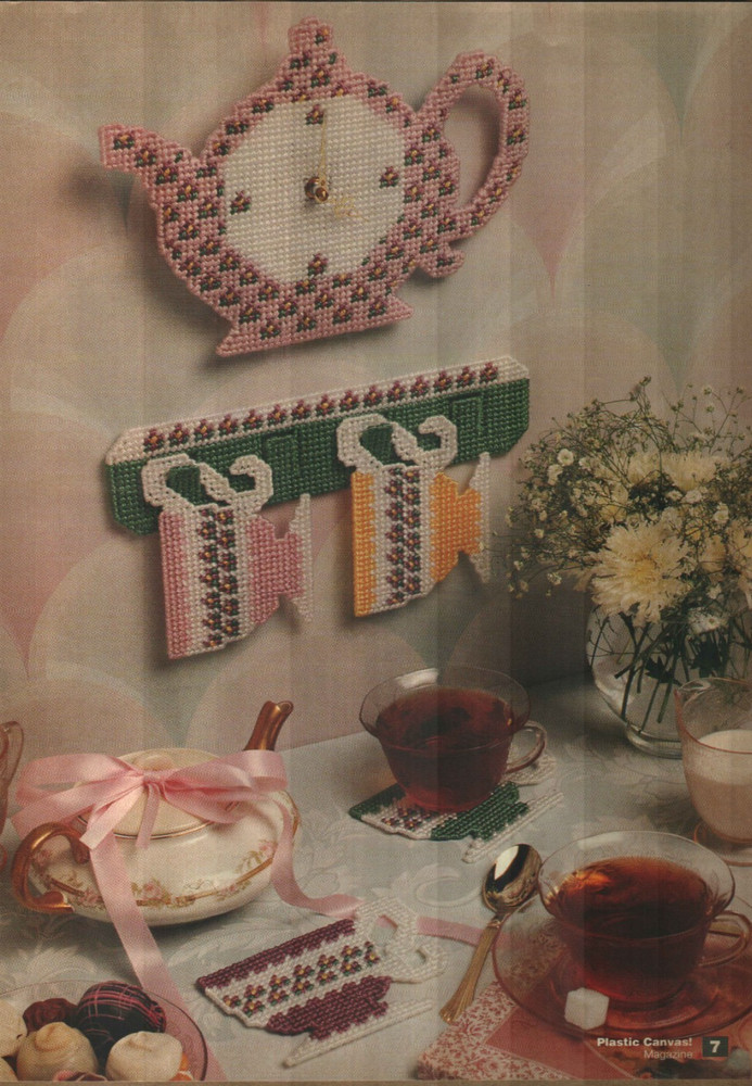 TEA TIME CLOCK & COASTERS HOME DECOR PLASTIC CANVAS PATTERN INSTRUCTIONS