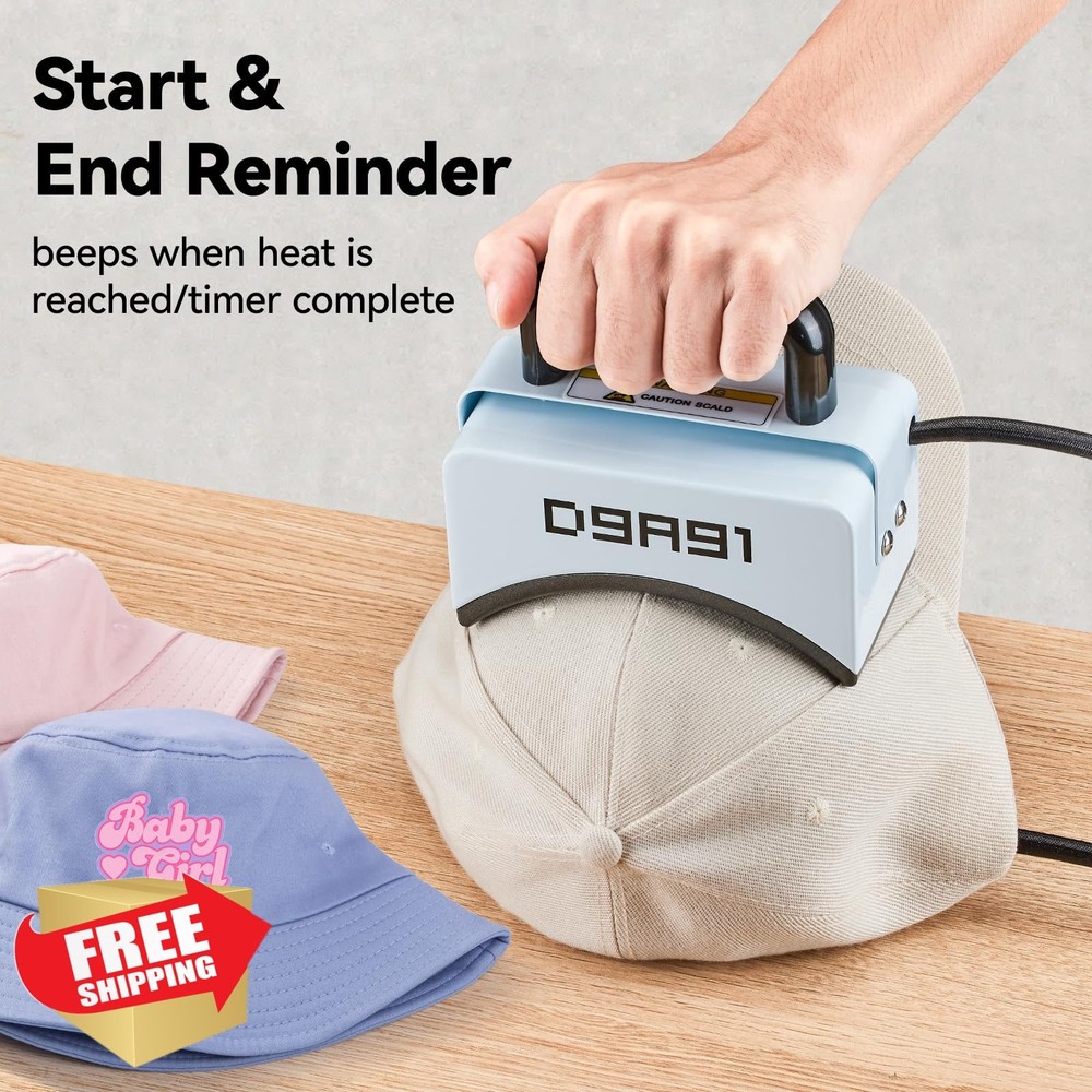 D9A91 Mini Hat Press Machine Light Blue Curved Plate LCD Temp Timer