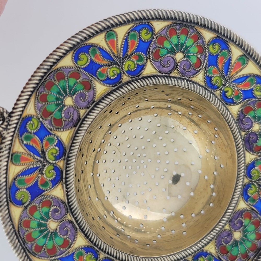 Silver & Plique A Jour Enamel Tea Strainer multi-colored stained glass patterns