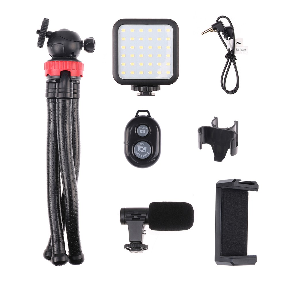 Smartphone Video Vlogging Kit with Tripod+LED Light+Microphone+Remote Control