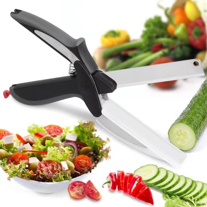 Stainless Steel Salad Scissors with Built-in Cutting Board Sharp Kitchen Tool