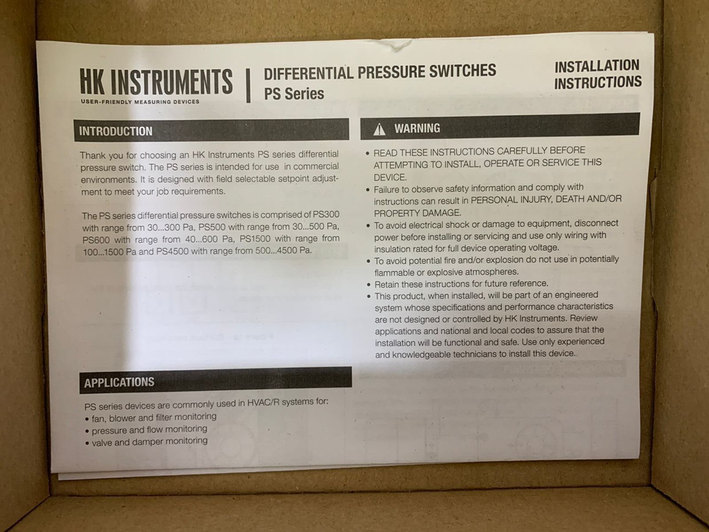 HK Instruments / Differential Pressure Switch / PS500B