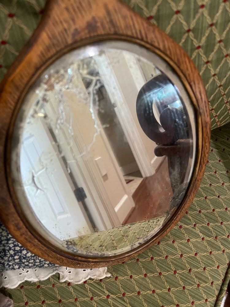 VINTAGE WOOD FRAME BEVELED OVAL MIRROR CURVED HANDLE