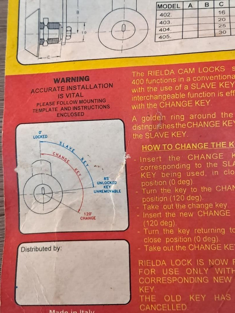 RIELDA 400 Re-programable High Security Cam Lock With 3 Keys