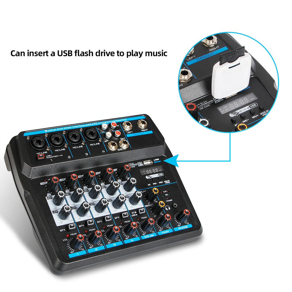 6 Channel Mixer Studio Audio Live Sound Mixing Console Amplifier Bluetooth USB